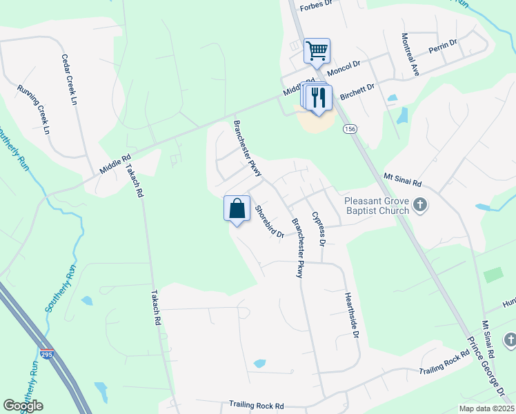 map of restaurants, bars, coffee shops, grocery stores, and more near 6704 Redwing Court in Prince George