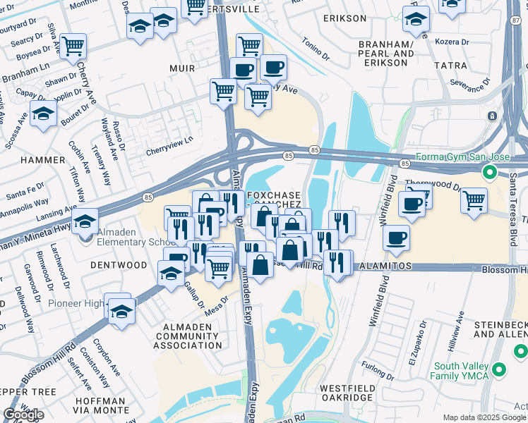 map of restaurants, bars, coffee shops, grocery stores, and more near 1091 Foxchase Drive in San Jose