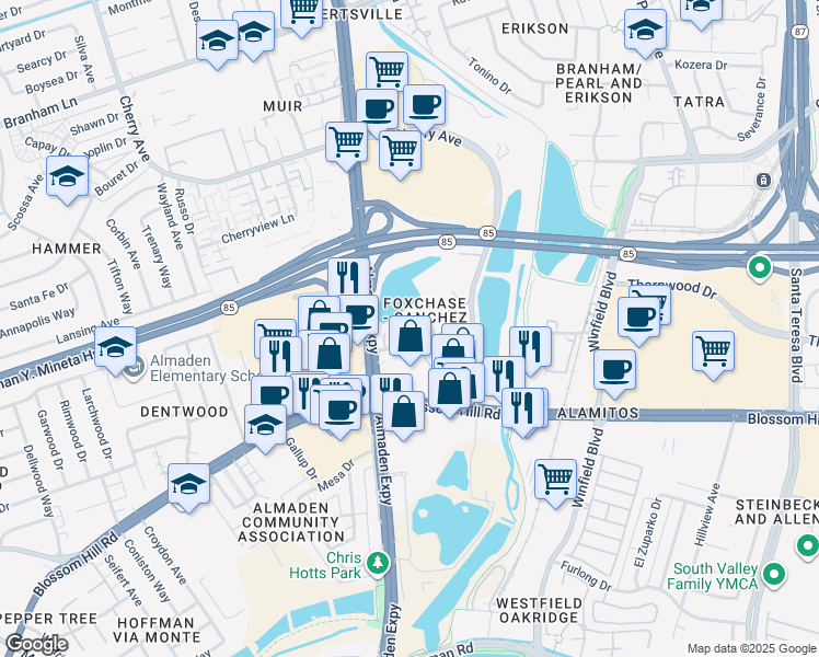 map of restaurants, bars, coffee shops, grocery stores, and more near 1091 Foxchase Drive in San Jose