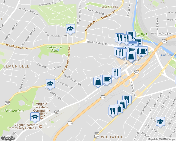 map of restaurants, bars, coffee shops, grocery stores, and more near 925 Carrington Avenue Southwest in Roanoke