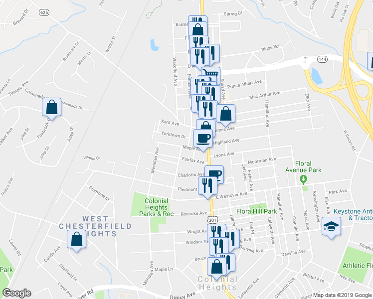 map of restaurants, bars, coffee shops, grocery stores, and more near 213 Maple Avenue in Colonial Heights