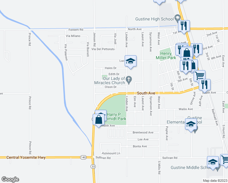 map of restaurants, bars, coffee shops, grocery stores, and more near 1415 South Avenue in Gustine
