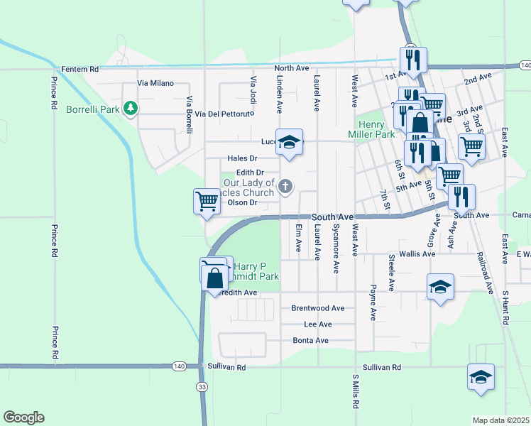 map of restaurants, bars, coffee shops, grocery stores, and more near 1405 South Avenue in Gustine