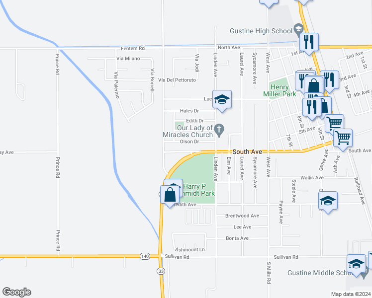map of restaurants, bars, coffee shops, grocery stores, and more near 1520 South Avenue in Gustine
