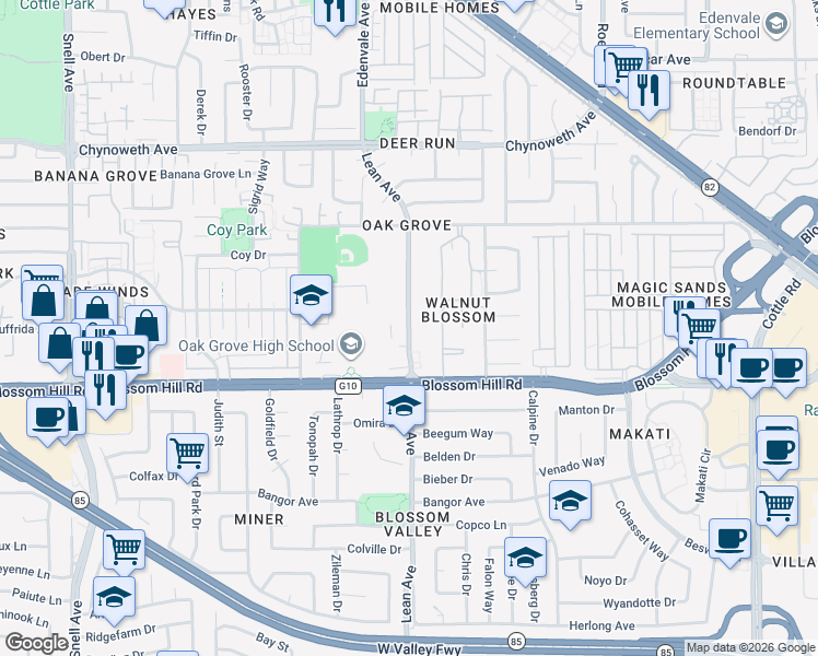 map of restaurants, bars, coffee shops, grocery stores, and more near 5579 Lean Avenue in San Jose
