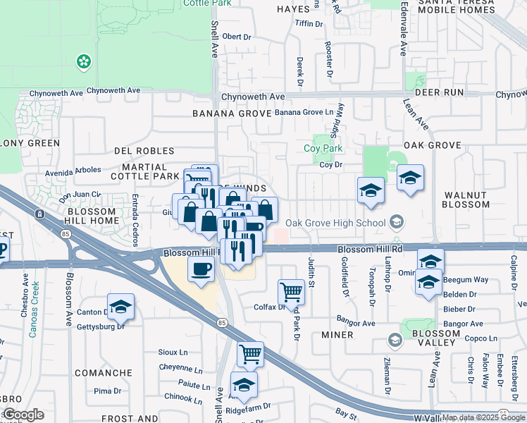 map of restaurants, bars, coffee shops, grocery stores, and more near 5493 Sean Circle in San Jose
