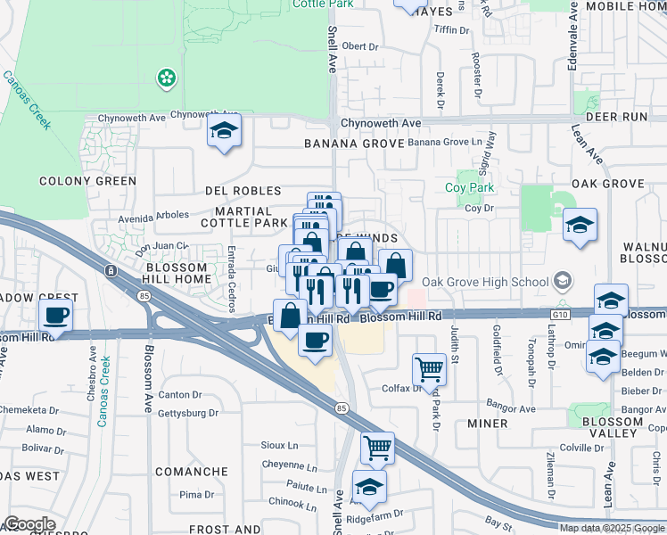 map of restaurants, bars, coffee shops, grocery stores, and more near 512 Giuffrida Avenue in San Jose