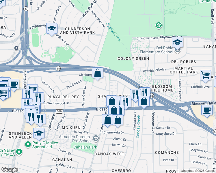 map of restaurants, bars, coffee shops, grocery stores, and more near 554 Blairburry Way in San Jose
