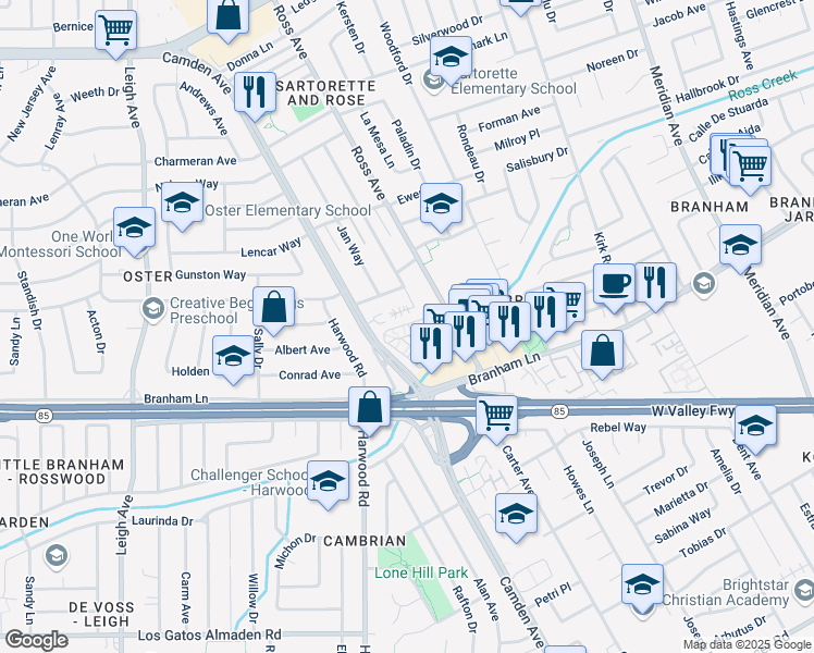 map of restaurants, bars, coffee shops, grocery stores, and more near 1747 Ross Circle in San Jose