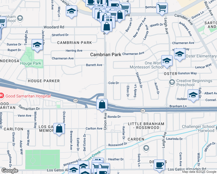 map of restaurants, bars, coffee shops, grocery stores, and more near 14867 Conway Avenue in San Jose
