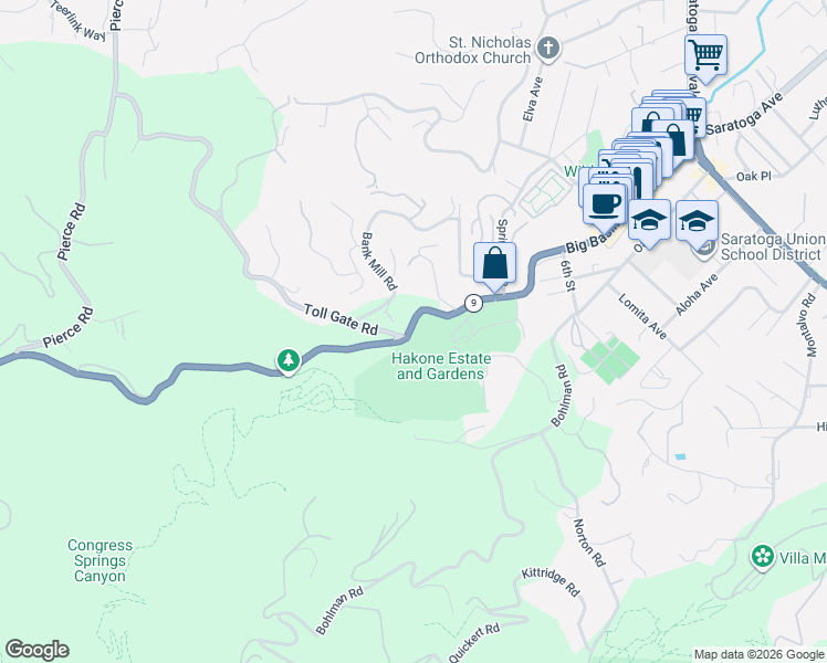 map of restaurants, bars, coffee shops, grocery stores, and more near 21170 California 9 in Saratoga