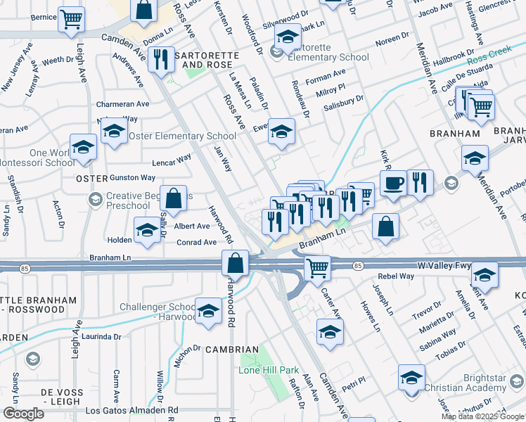 map of restaurants, bars, coffee shops, grocery stores, and more near 1719 Ross Circle in San Jose