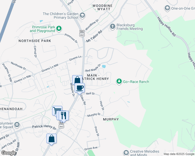map of restaurants, bars, coffee shops, grocery stores, and more near Autumn Splendor Way in Blacksburg