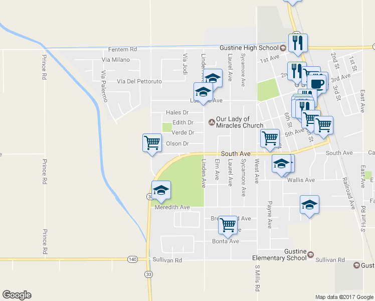 map of restaurants, bars, coffee shops, grocery stores, and more near 1405 South Avenue in Gustine