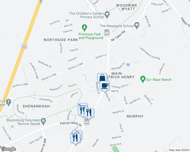 map of restaurants, bars, coffee shops, grocery stores, and more near 1644 Whipple Drive in Blacksburg