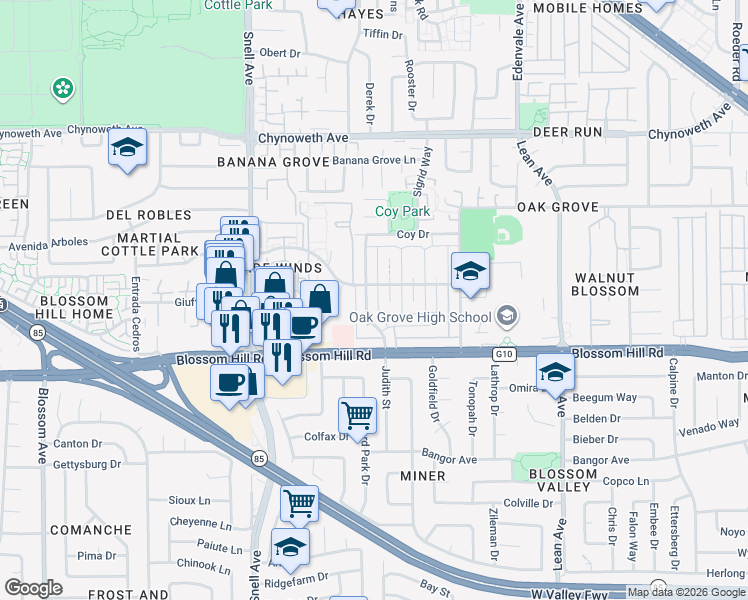 map of restaurants, bars, coffee shops, grocery stores, and more near 5572 Judith Street in San Jose