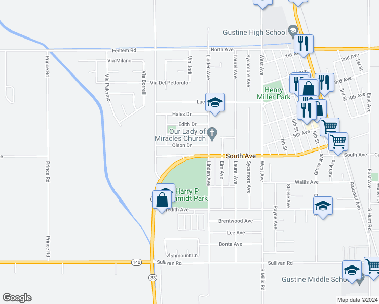 map of restaurants, bars, coffee shops, grocery stores, and more near 1407 South Avenue in Gustine