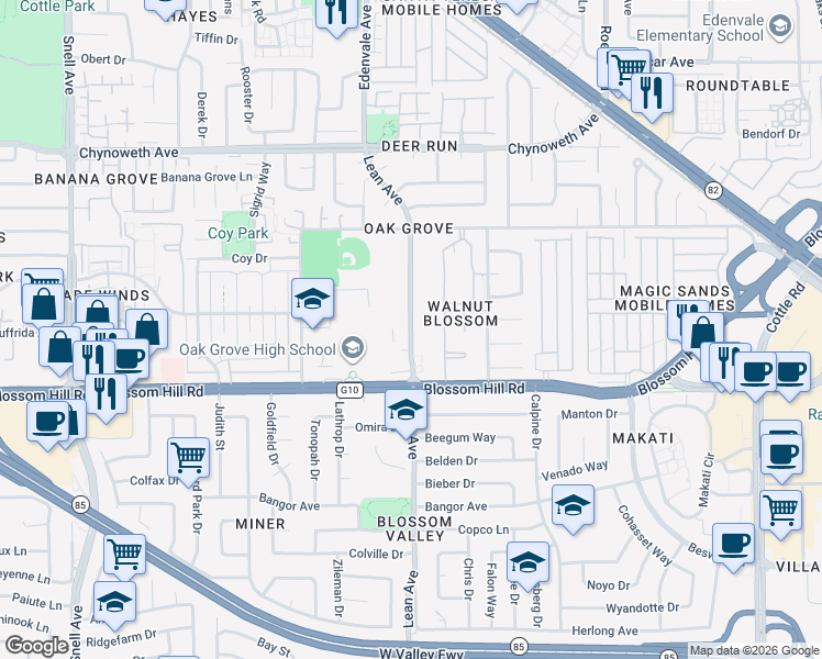 map of restaurants, bars, coffee shops, grocery stores, and more near 5579 Lean Avenue in San Jose