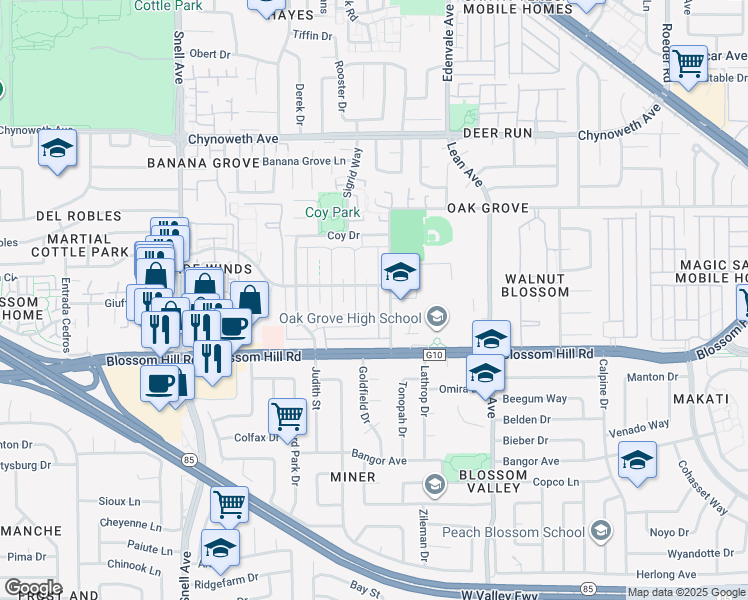 map of restaurants, bars, coffee shops, grocery stores, and more near 5512 Spinnaker Drive in San Jose