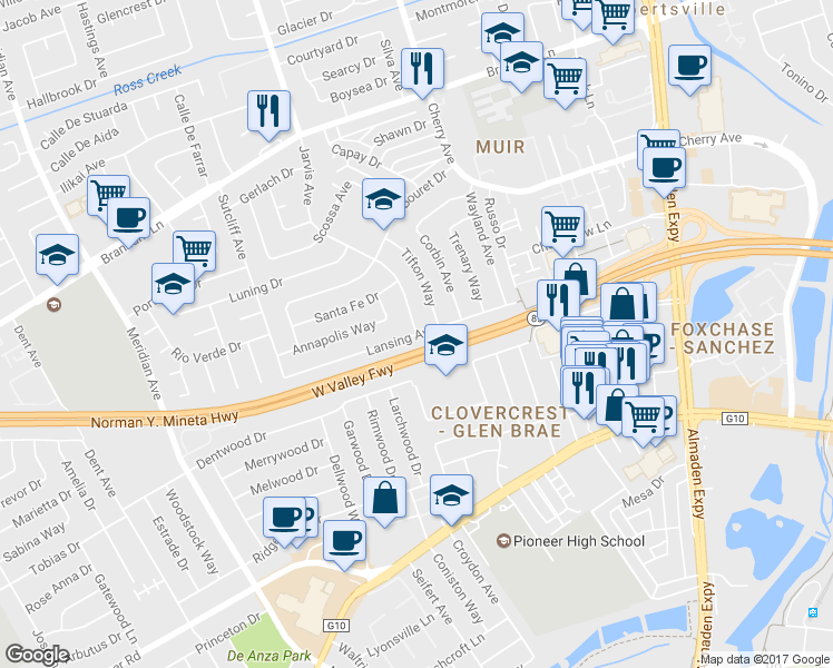 map of restaurants, bars, coffee shops, grocery stores, and more near Jarvis Avenue & Lansing Avenue in San Jose
