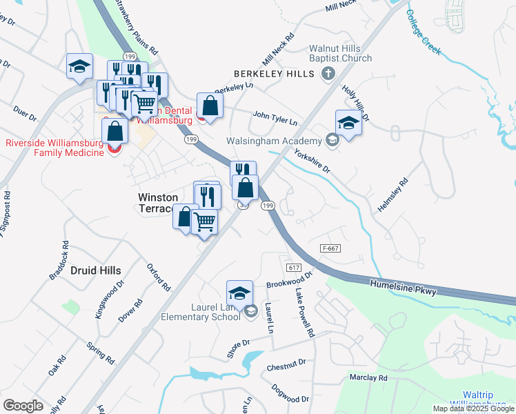 map of restaurants, bars, coffee shops, grocery stores, and more near 105 Lake Powell Road in Williamsburg
