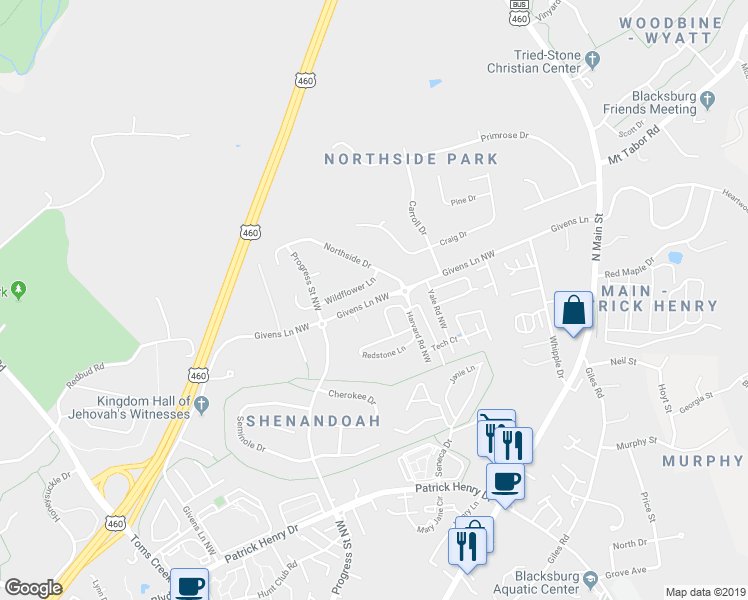 map of restaurants, bars, coffee shops, grocery stores, and more near 462 Givens Lane in Blacksburg