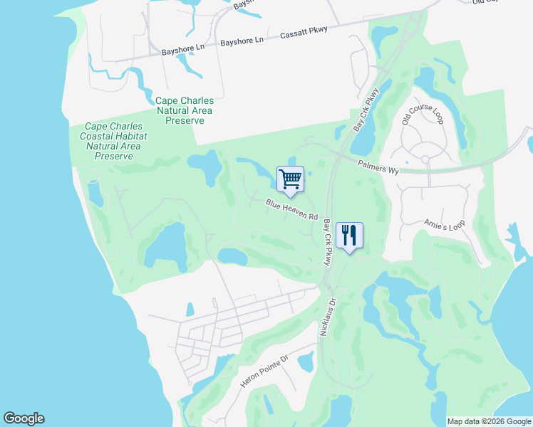 map of restaurants, bars, coffee shops, grocery stores, and more near 3 Foster Court in Cape Charles