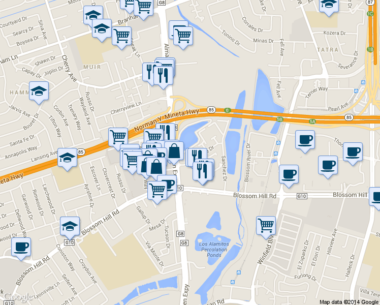 map of restaurants, bars, coffee shops, grocery stores, and more near Almaden Expressway in San Jose