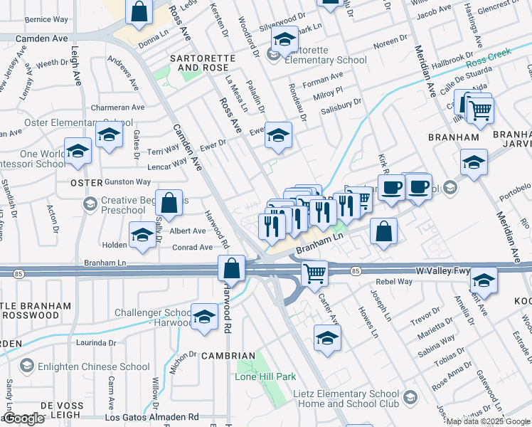 map of restaurants, bars, coffee shops, grocery stores, and more near 4544 Samson Way in San Jose