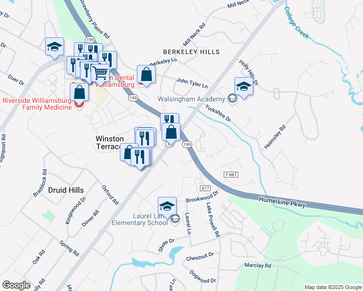 map of restaurants, bars, coffee shops, grocery stores, and more near 1186 Jamestown Road in Williamsburg
