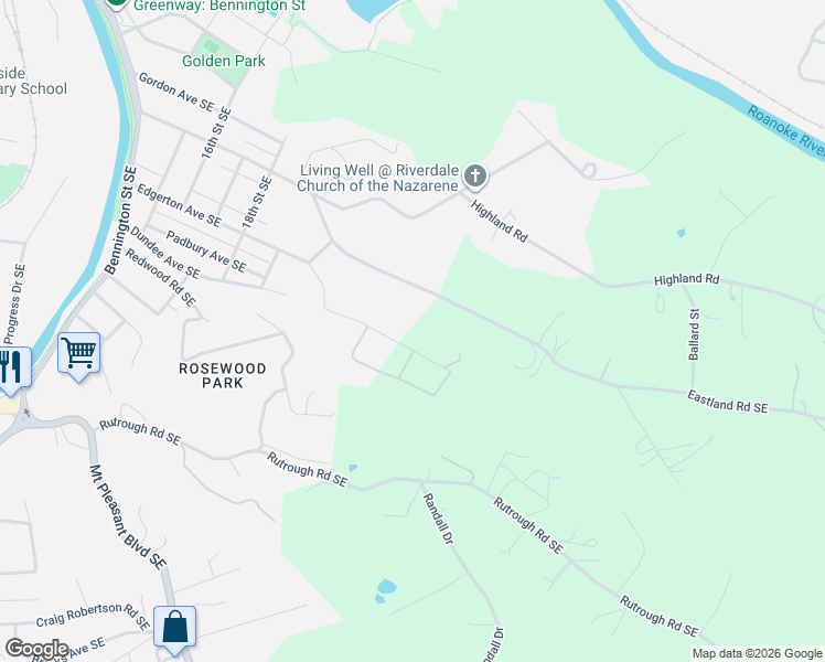 map of restaurants, bars, coffee shops, grocery stores, and more near 2315 Eastland Road Southeast in Roanoke