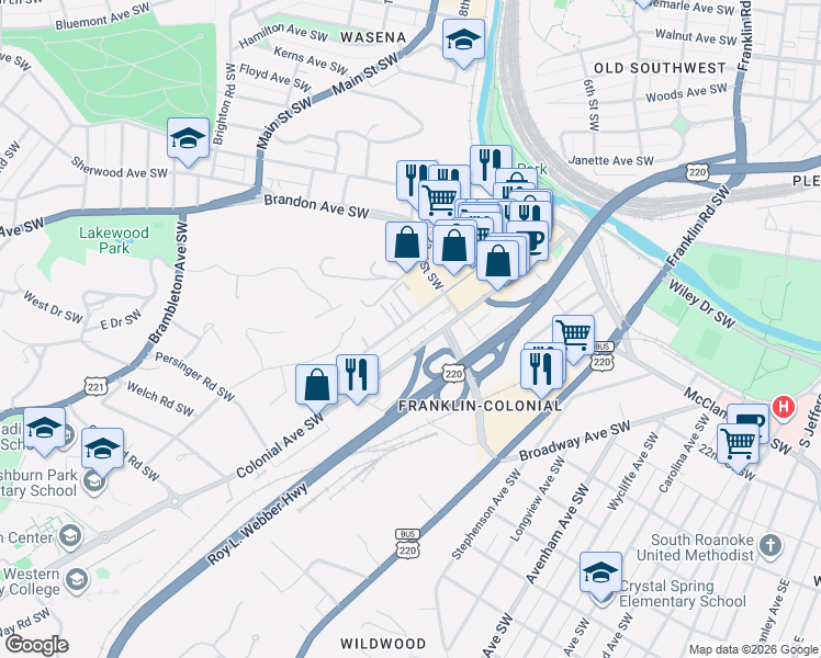 map of restaurants, bars, coffee shops, grocery stores, and more near 2401 Winthrop Avenue Southwest in Roanoke