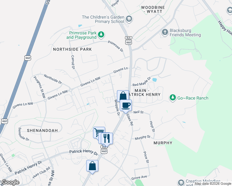 map of restaurants, bars, coffee shops, grocery stores, and more near 1708 Whipple Drive in Blacksburg