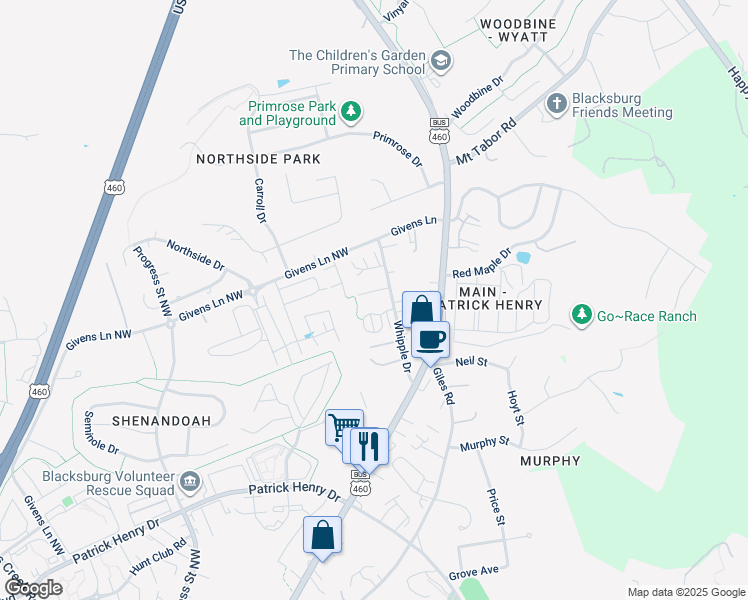 map of restaurants, bars, coffee shops, grocery stores, and more near 1803 Whipple Drive in Blacksburg