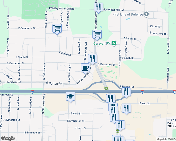 map of restaurants, bars, coffee shops, grocery stores, and more near 1514 East Mcclernon Street in Springfield