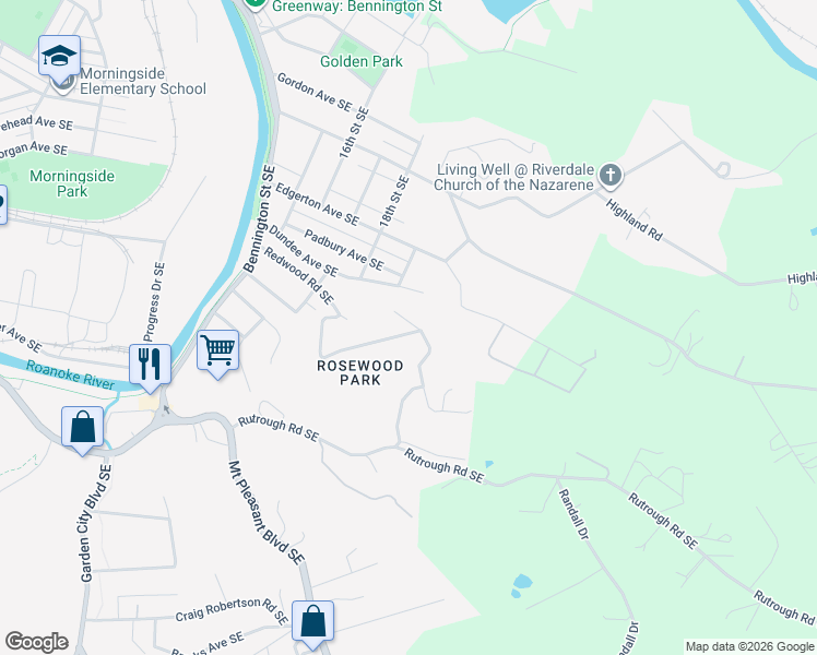 map of restaurants, bars, coffee shops, grocery stores, and more near 1916-1918 Plateau Road Southeast in Roanoke
