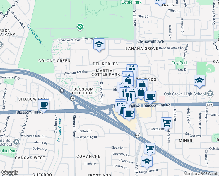 map of restaurants, bars, coffee shops, grocery stores, and more near 557 Giuffrida Avenue in San Jose