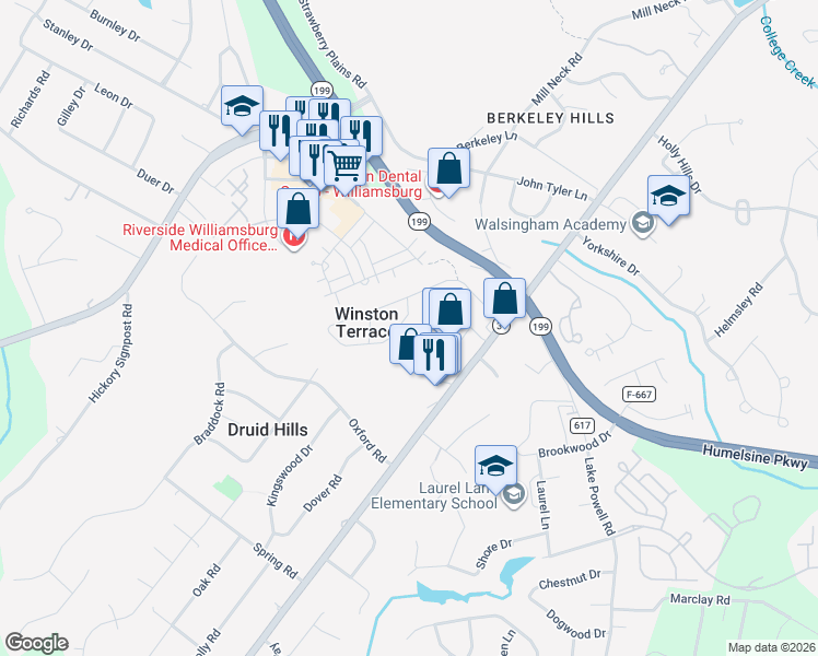 map of restaurants, bars, coffee shops, grocery stores, and more near 105 Kathryn Court in Williamsburg