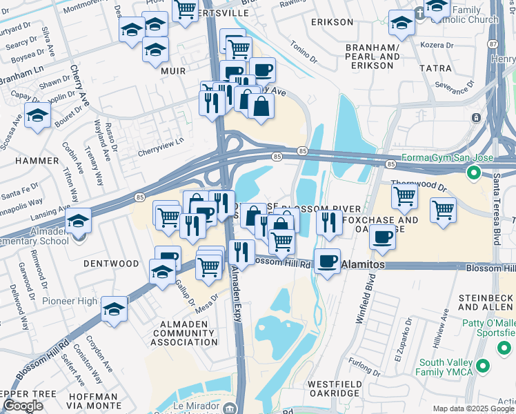 map of restaurants, bars, coffee shops, grocery stores, and more near 1157 Foxchase Drive in San Jose