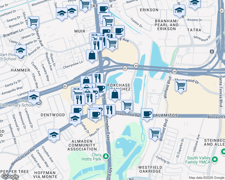 map of restaurants, bars, coffee shops, grocery stores, and more near Almaden Expressway in San Jose