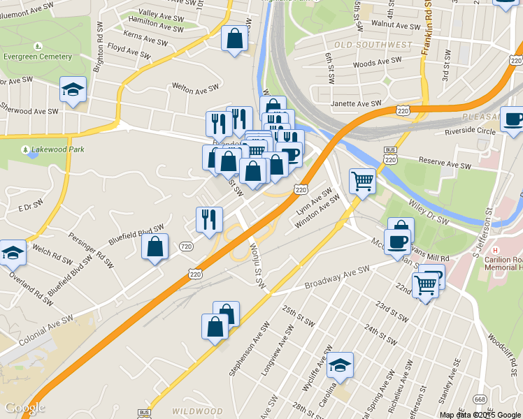 map of restaurants, bars, coffee shops, grocery stores, and more near 2223 Sanford Avenue Southwest in Roanoke