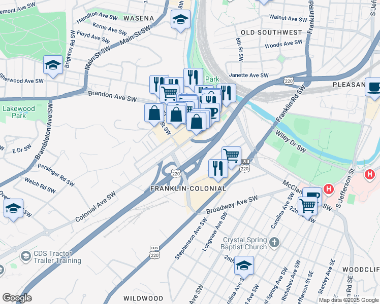 map of restaurants, bars, coffee shops, grocery stores, and more near 2223 Sanford Avenue Southwest in Roanoke