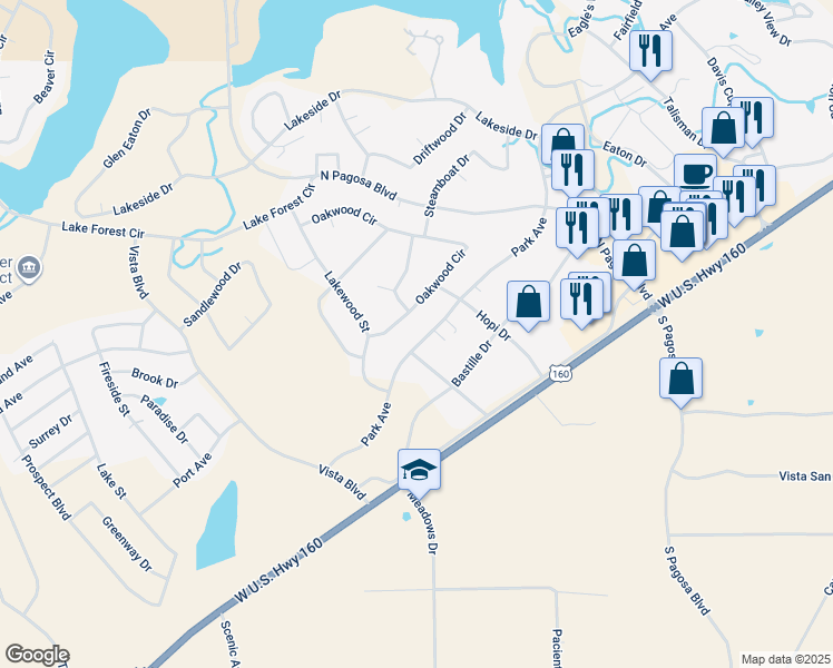 map of restaurants, bars, coffee shops, grocery stores, and more near 454 Park Avenue in Pagosa Springs