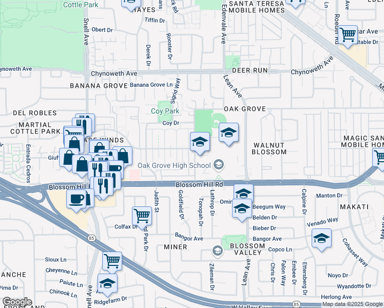 map of restaurants, bars, coffee shops, grocery stores, and more near 5498 Spinnaker Walkway in San Jose