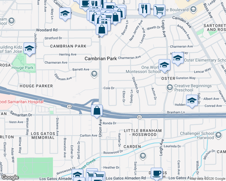 map of restaurants, bars, coffee shops, grocery stores, and more near 14875 Cole Drive in San Jose