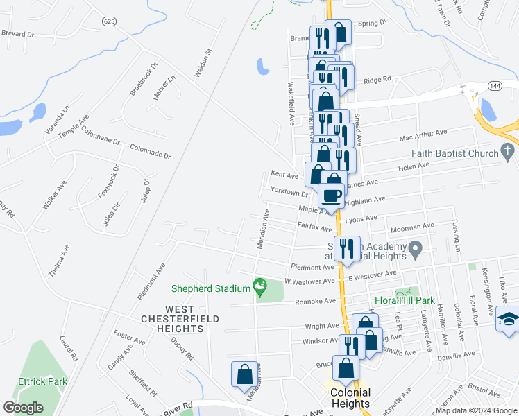 map of restaurants, bars, coffee shops, grocery stores, and more near 424 Fairfax Avenue in Colonial Heights