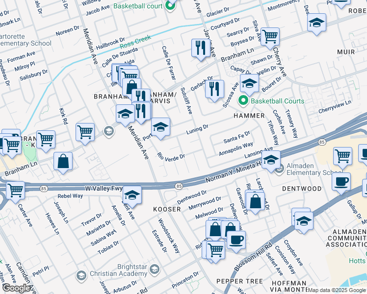 map of restaurants, bars, coffee shops, grocery stores, and more near 5030 Yucatan Way in San Jose