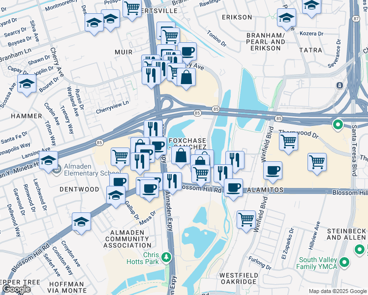 map of restaurants, bars, coffee shops, grocery stores, and more near 1157 Foxchase Drive in San Jose