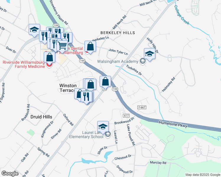 map of restaurants, bars, coffee shops, grocery stores, and more near 103 Lake Powell Road in Williamsburg