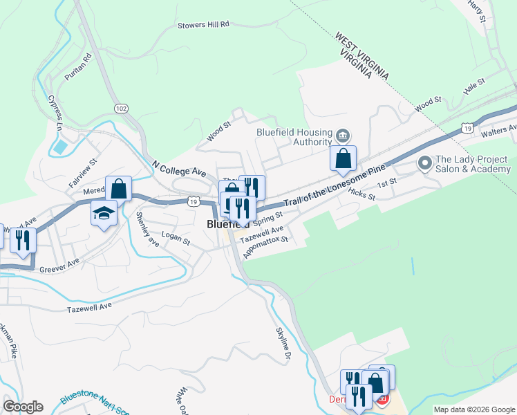 map of restaurants, bars, coffee shops, grocery stores, and more near 501-507 Graham Ave in Bluefield